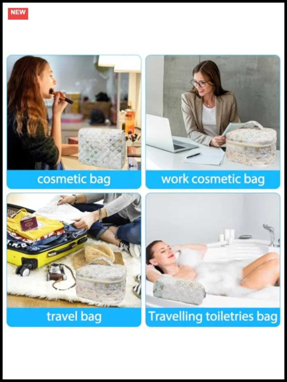 Cotton Quilted Makeup Bag Set Large Travel Cosmetic Bag Toiletry Organizer 3pcs